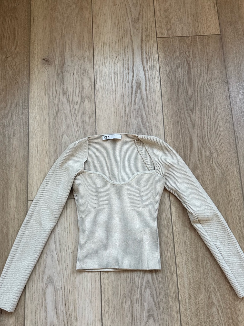 Zara Beige Ribbed Sweetheart Neck Long Sleeve Top